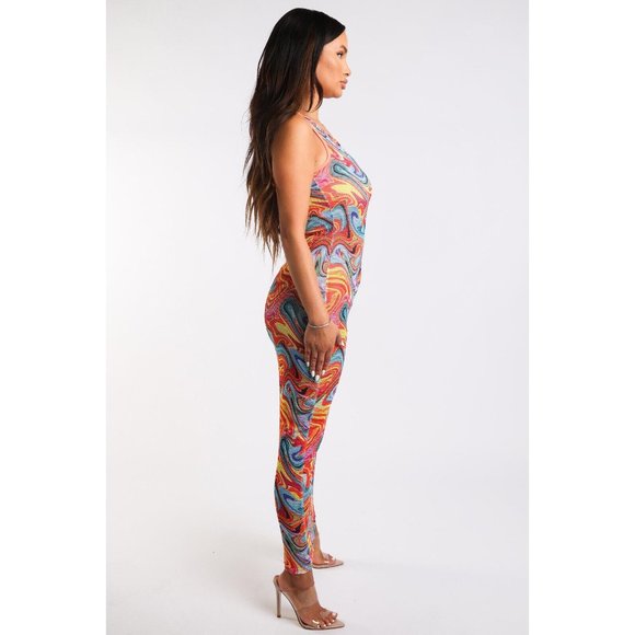 Womens Marble Print Fishnet Cut-Out Midi Long Dress Bodycon Sleeveless Crew Neck - Picture 5 of 12